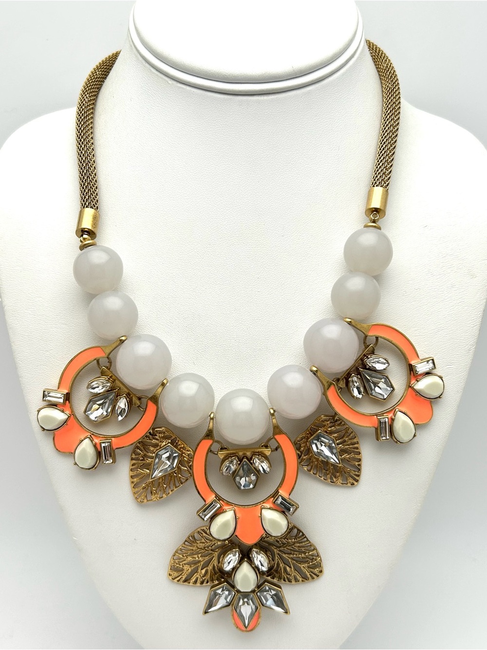 Stella & Dot Orange Jeweled Filigree Leaf Necklace